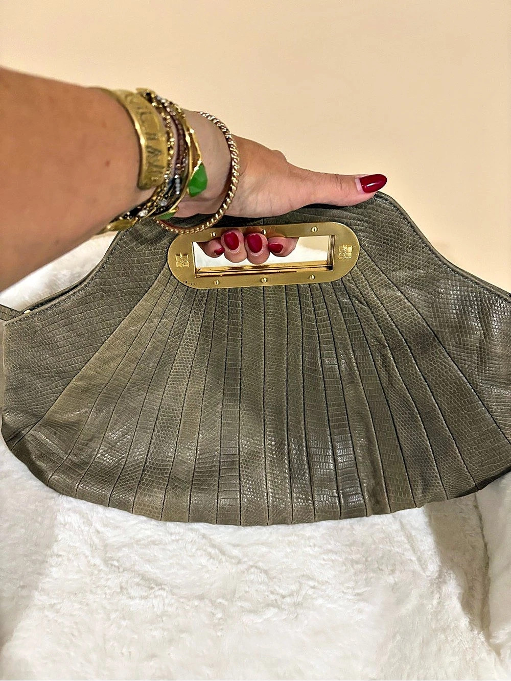 BCBGMAXAZRIA Pleated Frame leatherClutch in bronzed color